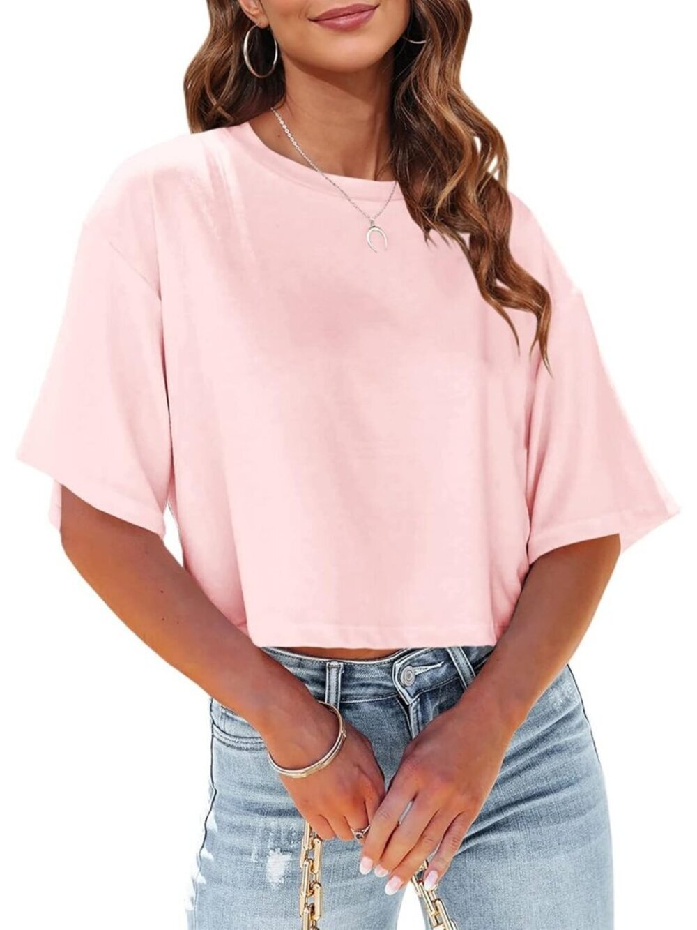 Women's Pink Crew Neck Half Sleeves Loose Fit Casual Pull On Basic Tees Shirts